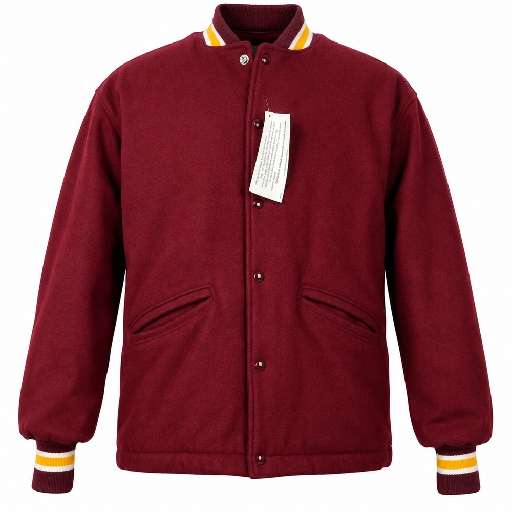 DeLONG Mens Wool Varsity Jacket Burgundy Gold Striped Trim Made in USA Small NWT
